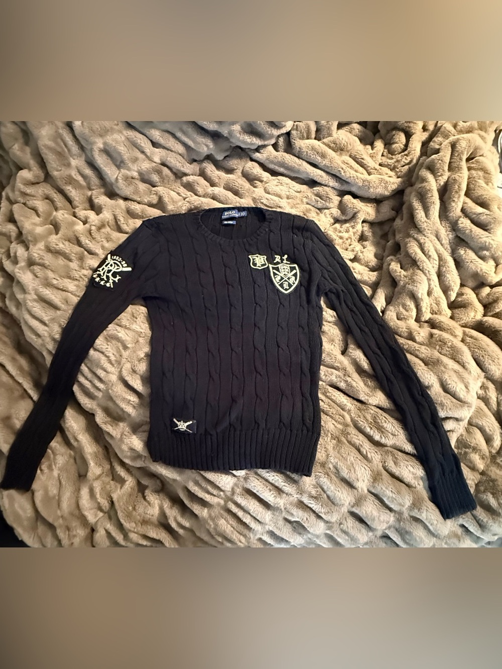 Polo by Ralph Lauren Black Cable-Knit Crewneck Sweater with Embroidered Crest